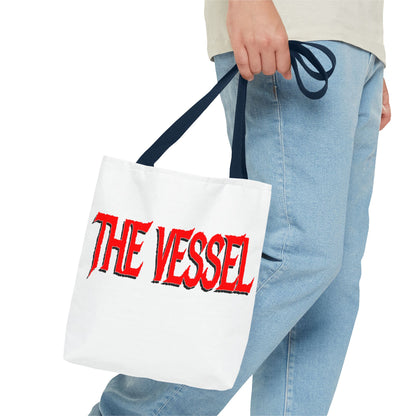 The Vessel Tote Bag — Bold Red Gothic Logo All-Over Print Tote