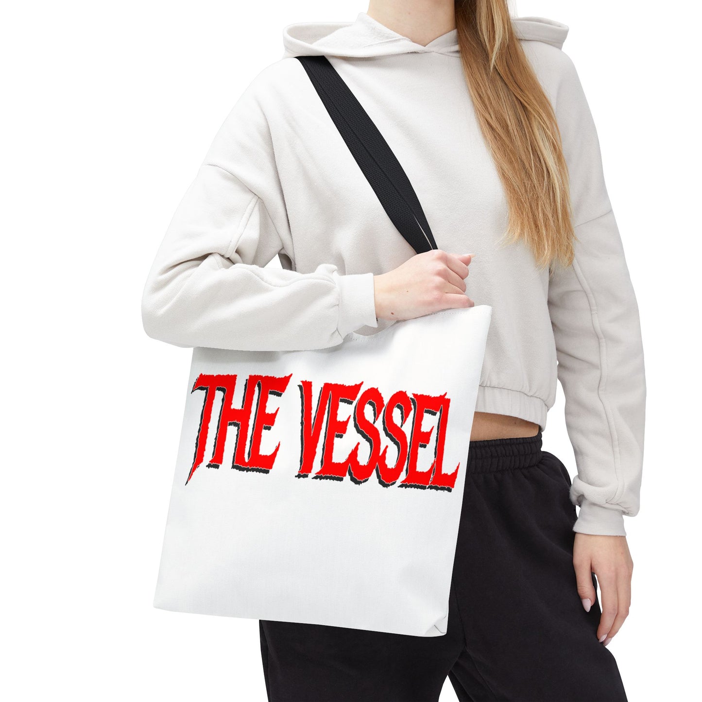 The Vessel Tote Bag — Bold Red Gothic Logo All-Over Print Tote