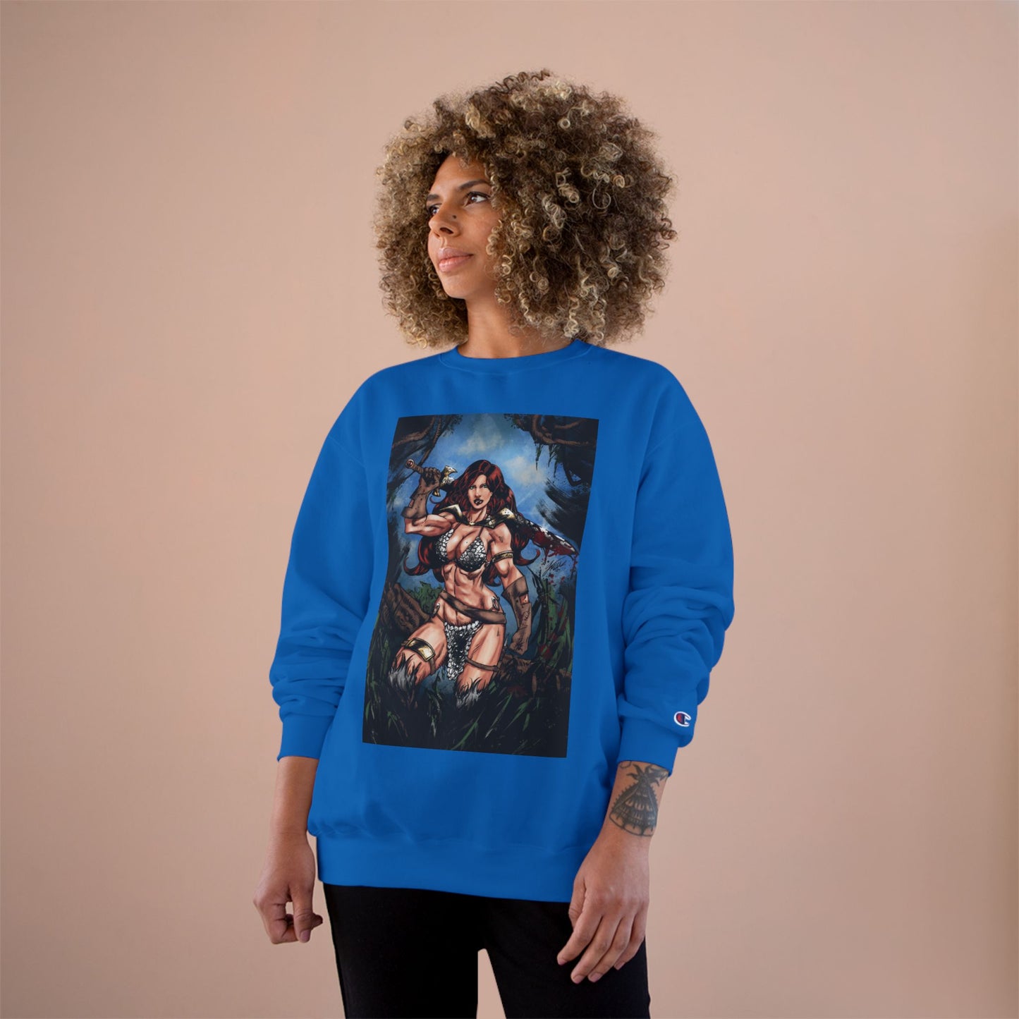 Red Sonja Champion Sweatshirt — Classic Comic Hero Crewneck (Color)