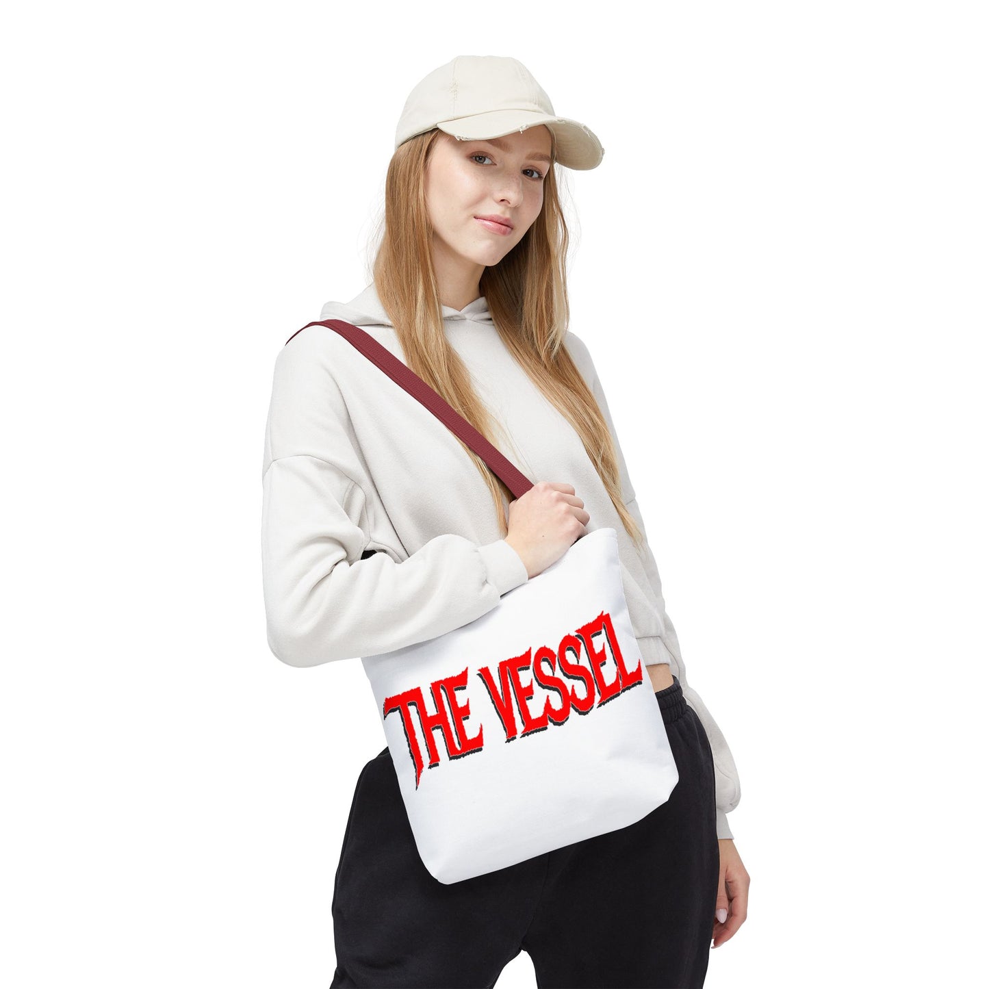 The Vessel Tote Bag — Bold Red Gothic Logo All-Over Print Tote