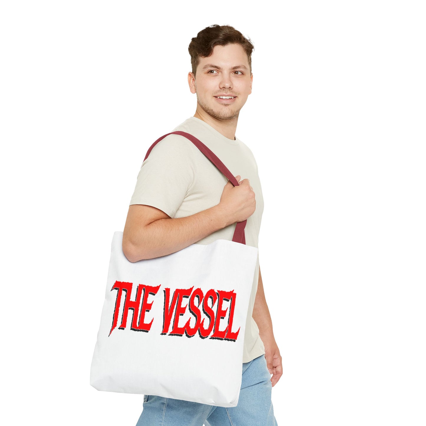 The Vessel Tote Bag — Bold Red Gothic Logo All-Over Print Tote