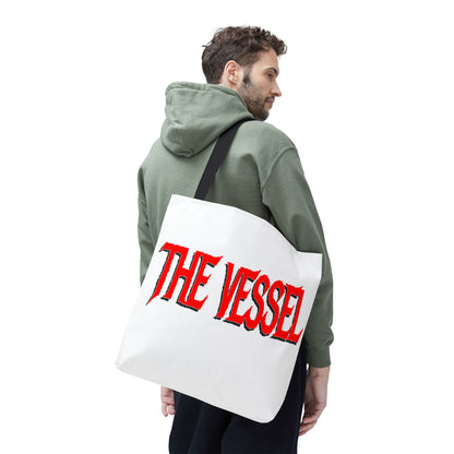 The Vessel Tote Bag — Bold Red Gothic Logo All-Over Print Tote