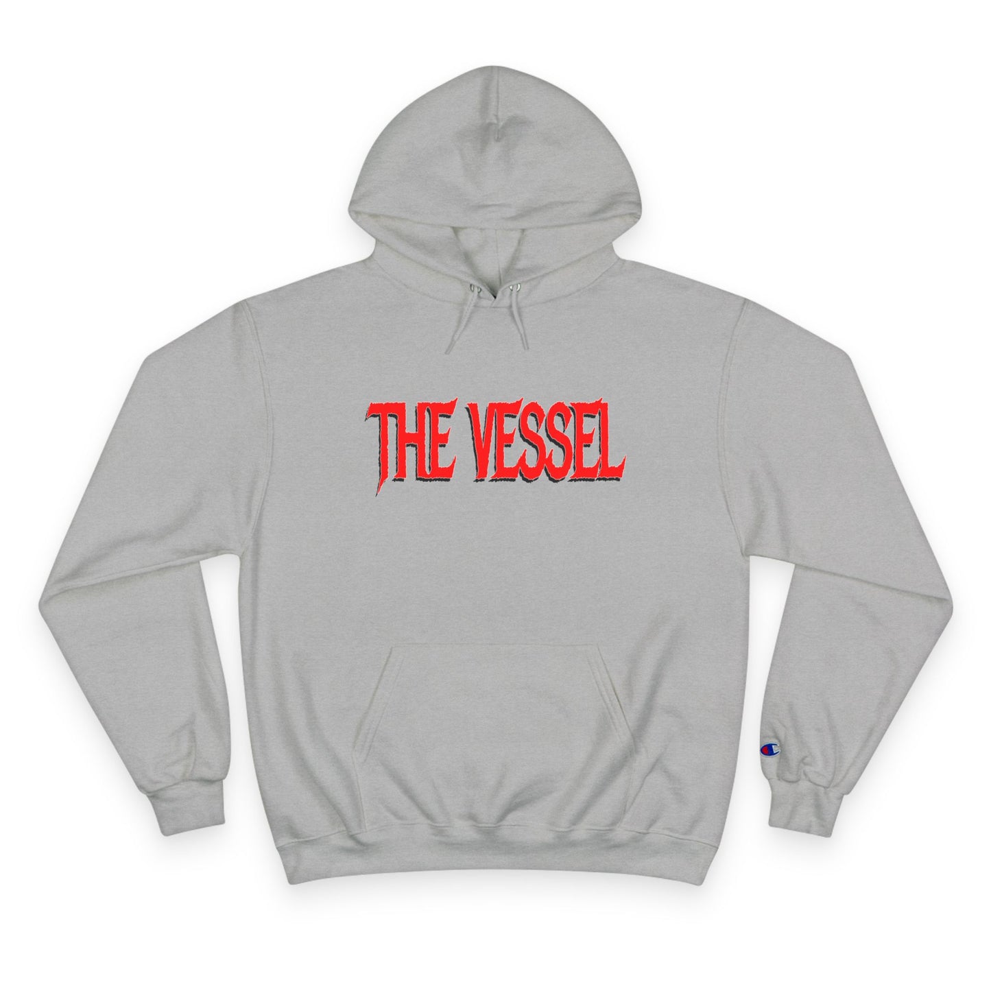 The Vessel Hoodie — Graphic Champion Pullover with Red Logo & Black Backprint