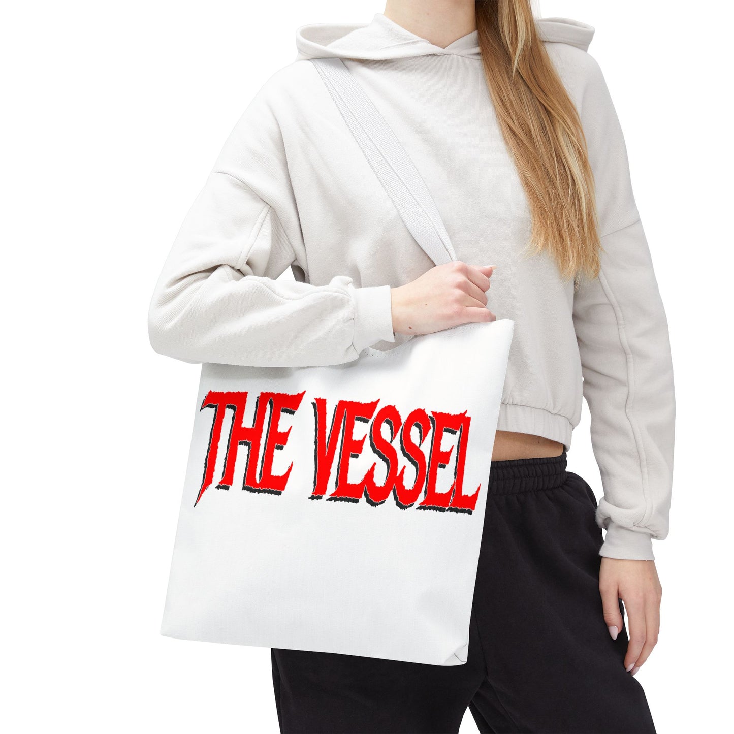 The Vessel Tote Bag — Bold Red Gothic Logo All-Over Print Tote
