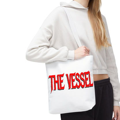 The Vessel Tote Bag — Bold Red Gothic Logo All-Over Print Tote