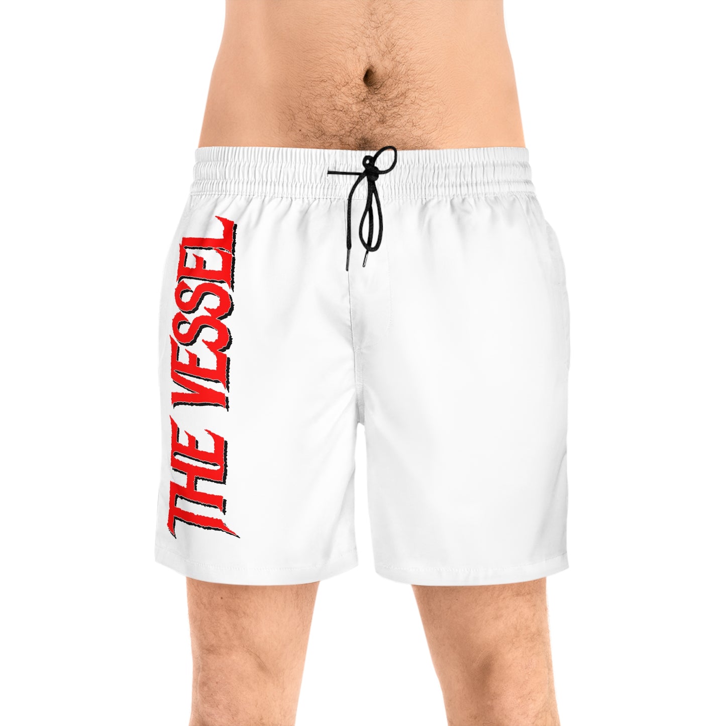 The Vessel Swim Shorts — Men's Mid-Length White Boardshorts with Vertical Red Logo