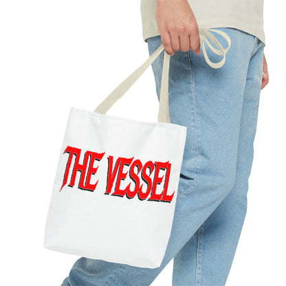The Vessel Tote Bag — Bold Red Gothic Logo All-Over Print Tote