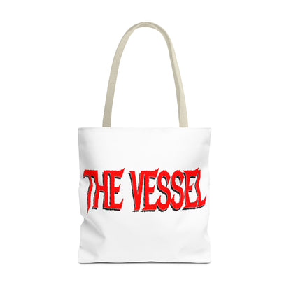 The Vessel Tote Bag — Bold Red Gothic Logo All-Over Print Tote