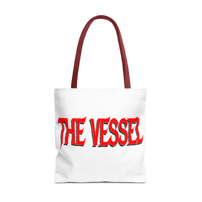 The Vessel Tote Bag — Bold Red Gothic Logo All-Over Print Tote