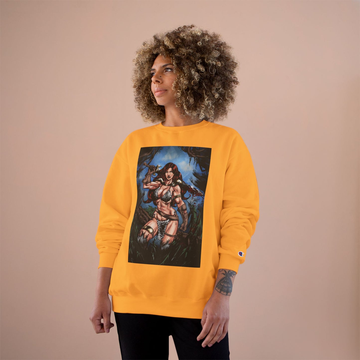 Red Sonja Champion Sweatshirt — Classic Comic Hero Crewneck (Color)