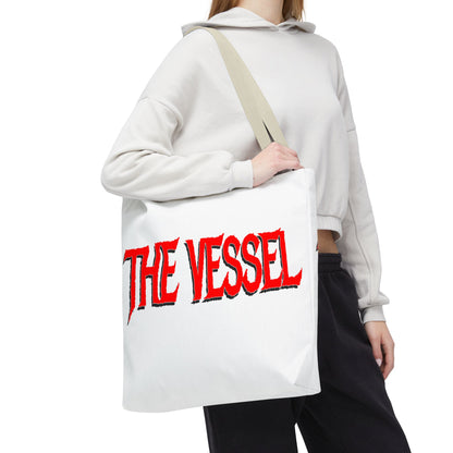 The Vessel Tote Bag — Bold Red Gothic Logo All-Over Print Tote