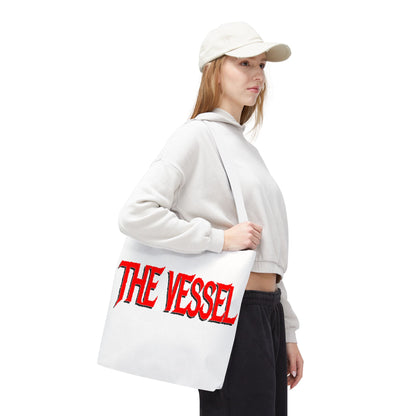 The Vessel Tote Bag — Bold Red Gothic Logo All-Over Print Tote