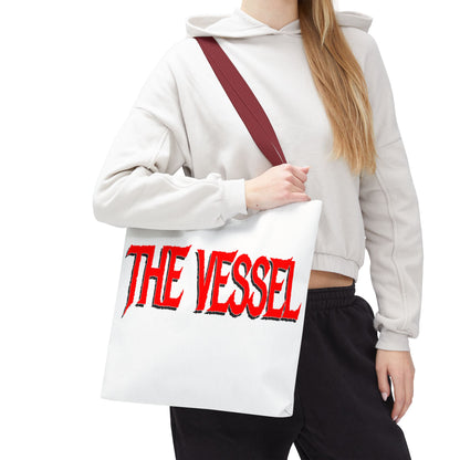 The Vessel Tote Bag — Bold Red Gothic Logo All-Over Print Tote